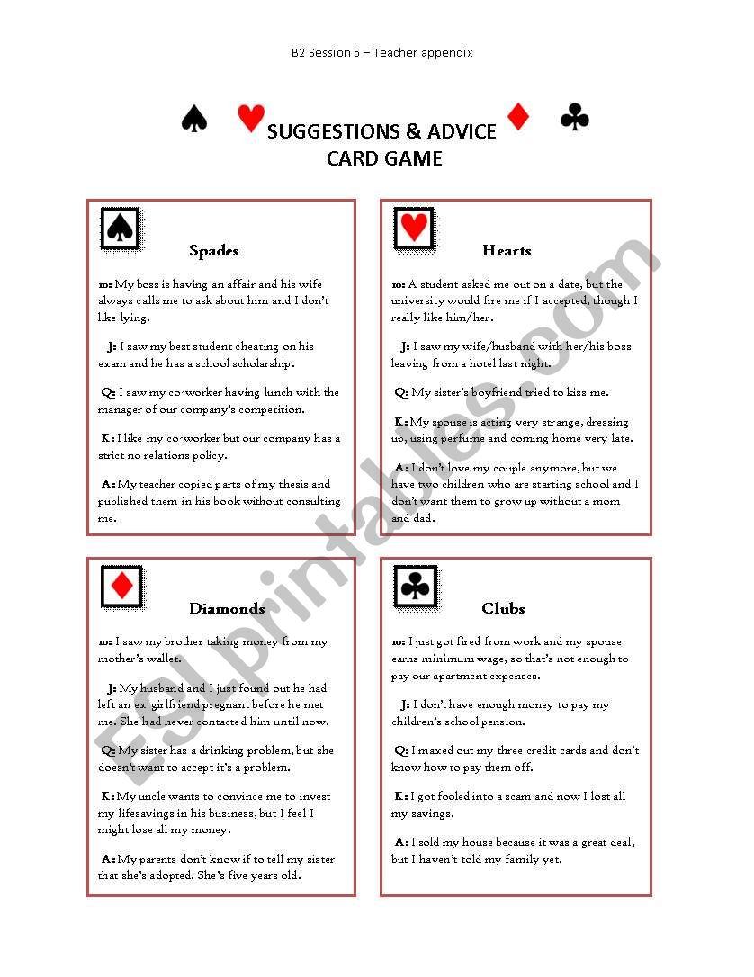 Advice & Suggestions card game
