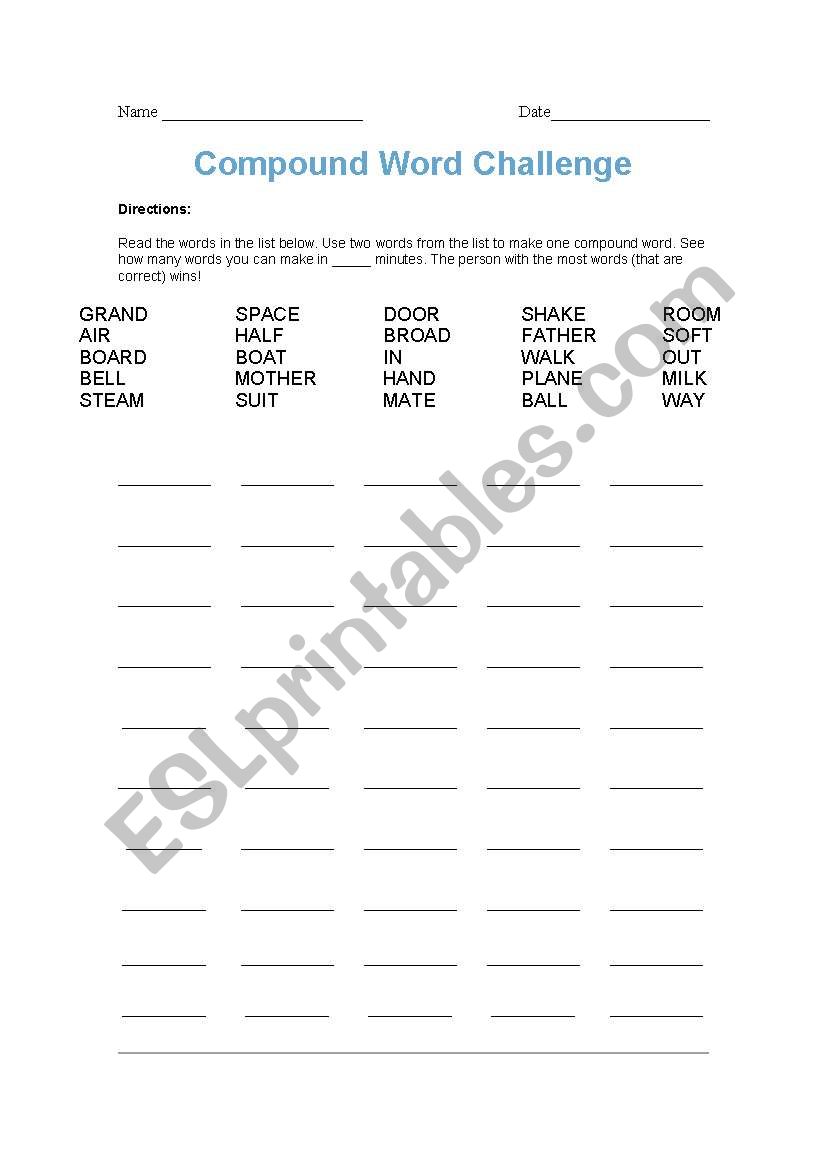 Compound word challenge worksheet