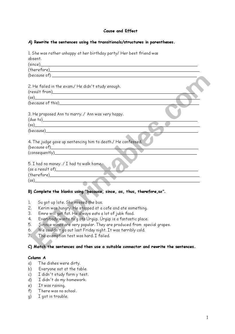 Cause and Effect exercise worksheet