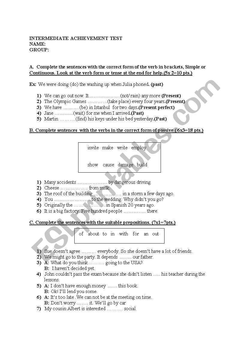 INTERMEDIATE ACHIEVEMENT TEST worksheet