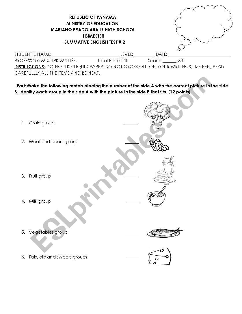 Food group worksheet