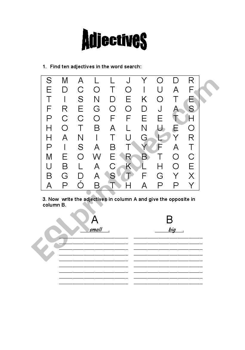 Adjectives word search worksheet