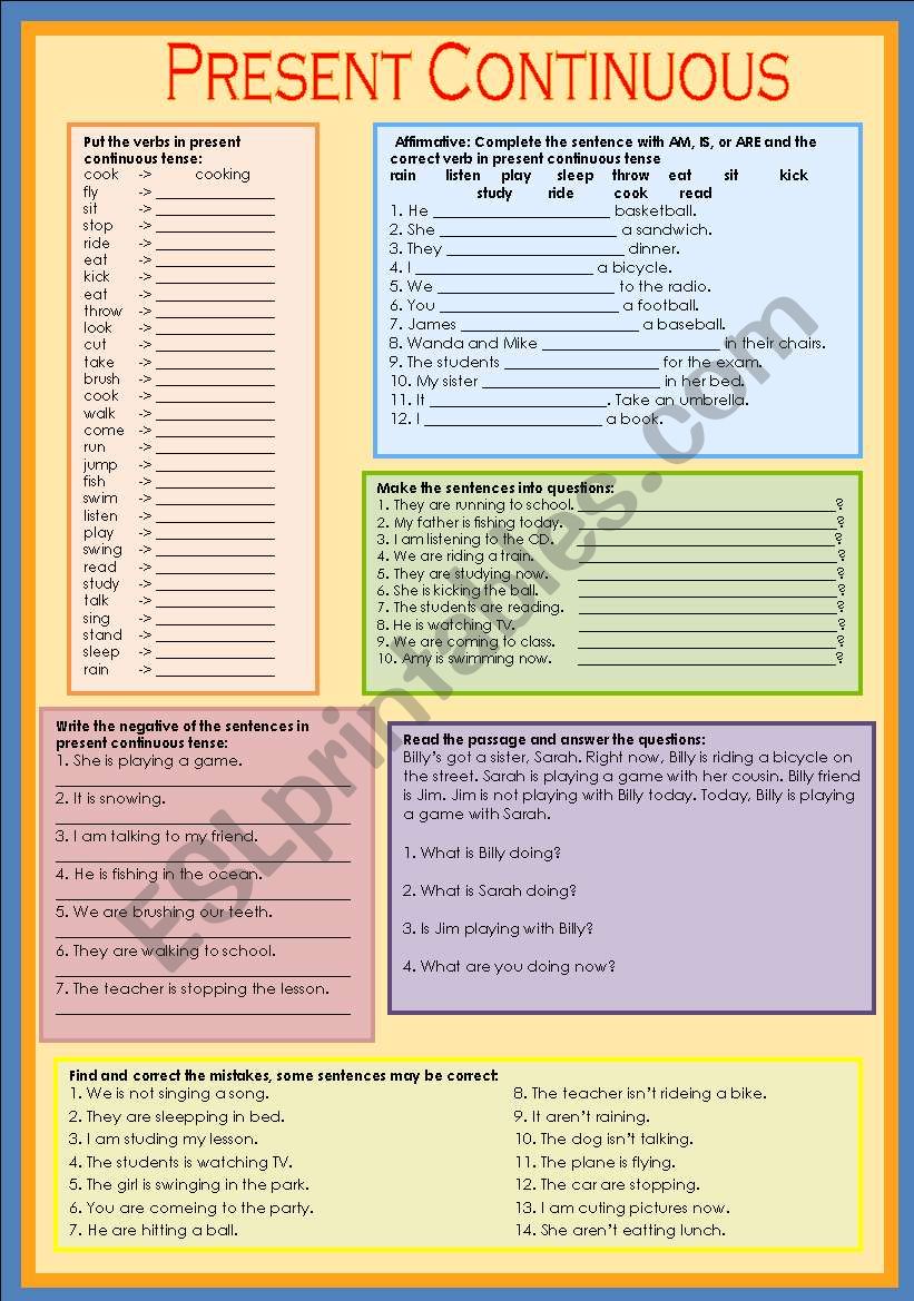 Present continuous exercises worksheet