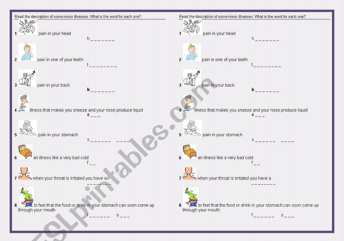 Vocabulary: minor illnesses worksheet