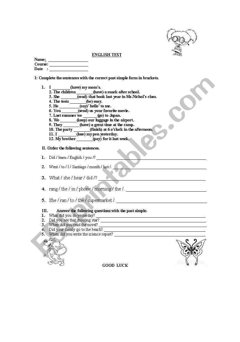 Past Simple test worksheet