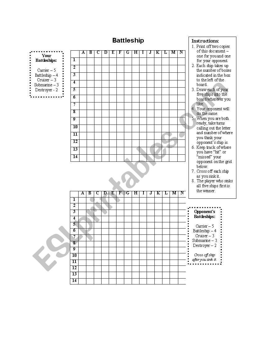 Battleship Game worksheet