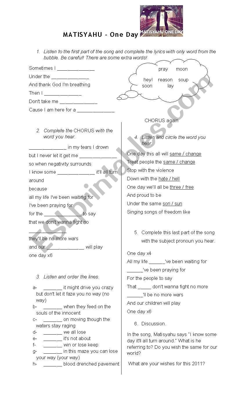 MATISYAHU - One Day worksheet