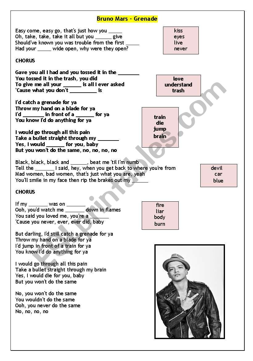 Bruno Mars - Grenade worksheet