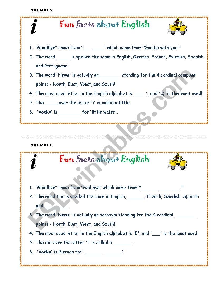 Fun facts about the English language -  Peer Dictation