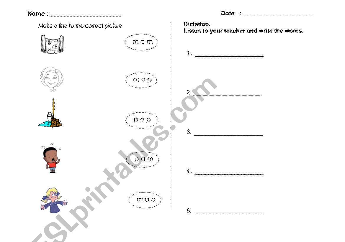 3 letters words mini test worksheet