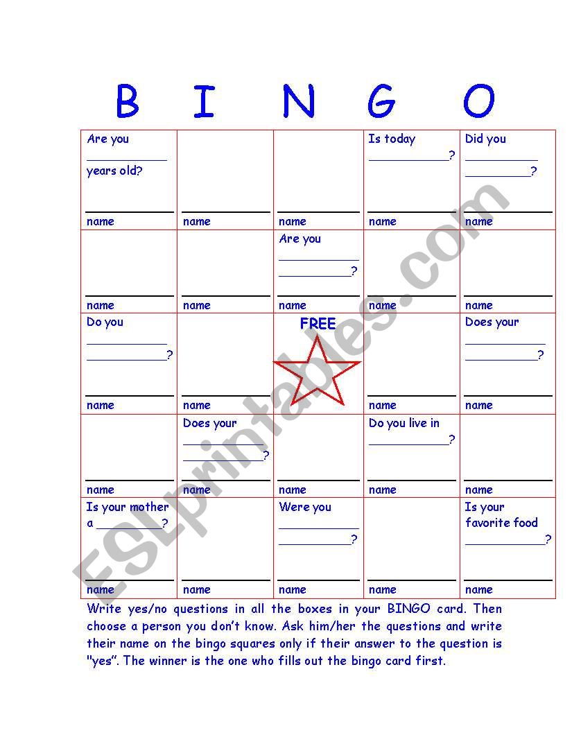 Get to know you Bingo worksheet