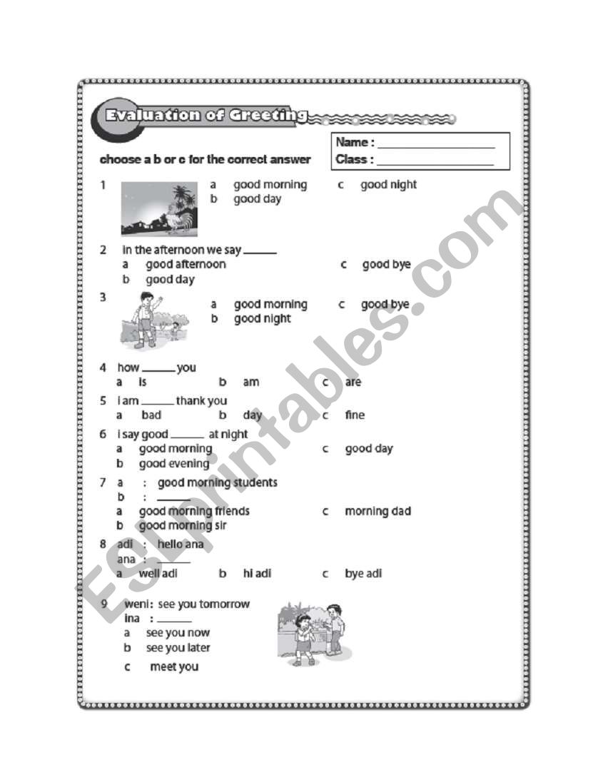 greetings evaluation /test in multiple choice