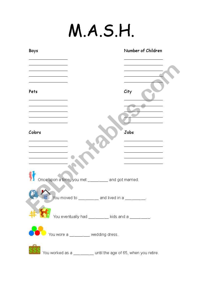 MASH Fortune Teller Worksheet worksheet