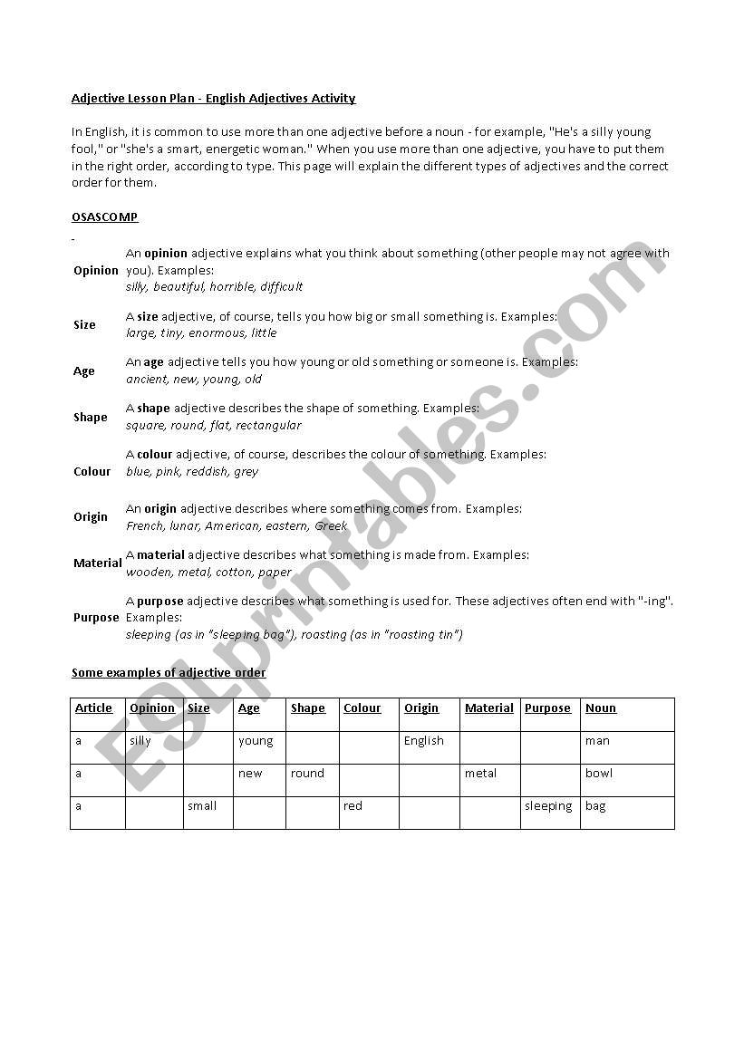 Adjective Order worksheet