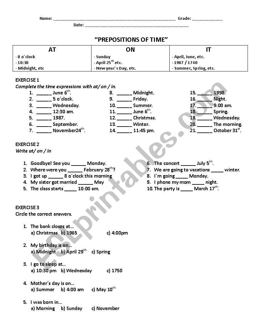 prepositions of time worksheet