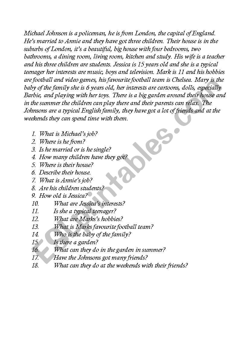 Reading comprehension worksheet