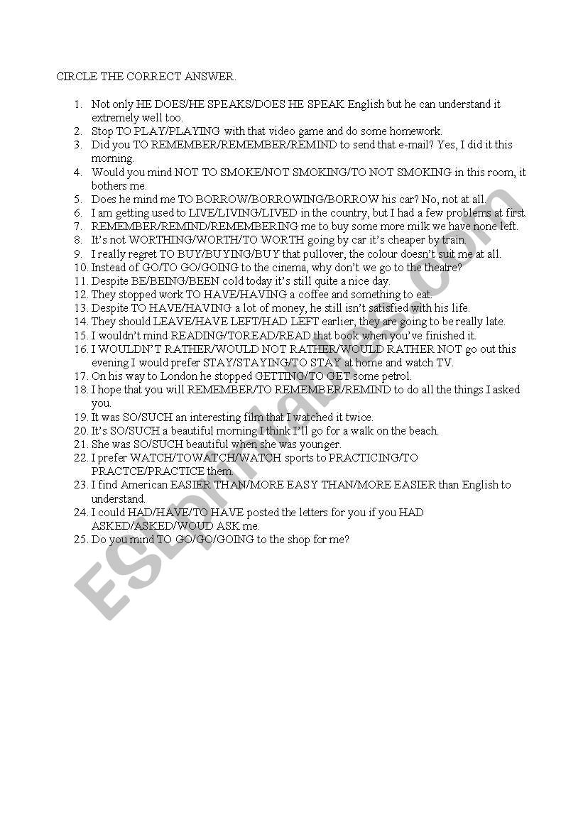 Grammar worksheet useful for PET/FCE students