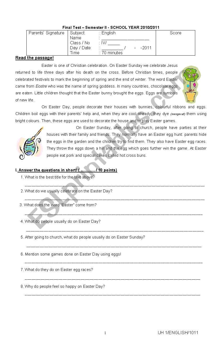Reading Comprehension (Easter), Simple Future Tense, Homophones, Conjunctions and Vocabulary Test