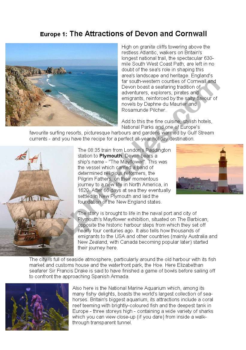 Cornwall and Devon reading comprehension: holidays, tourist information leaflet 
