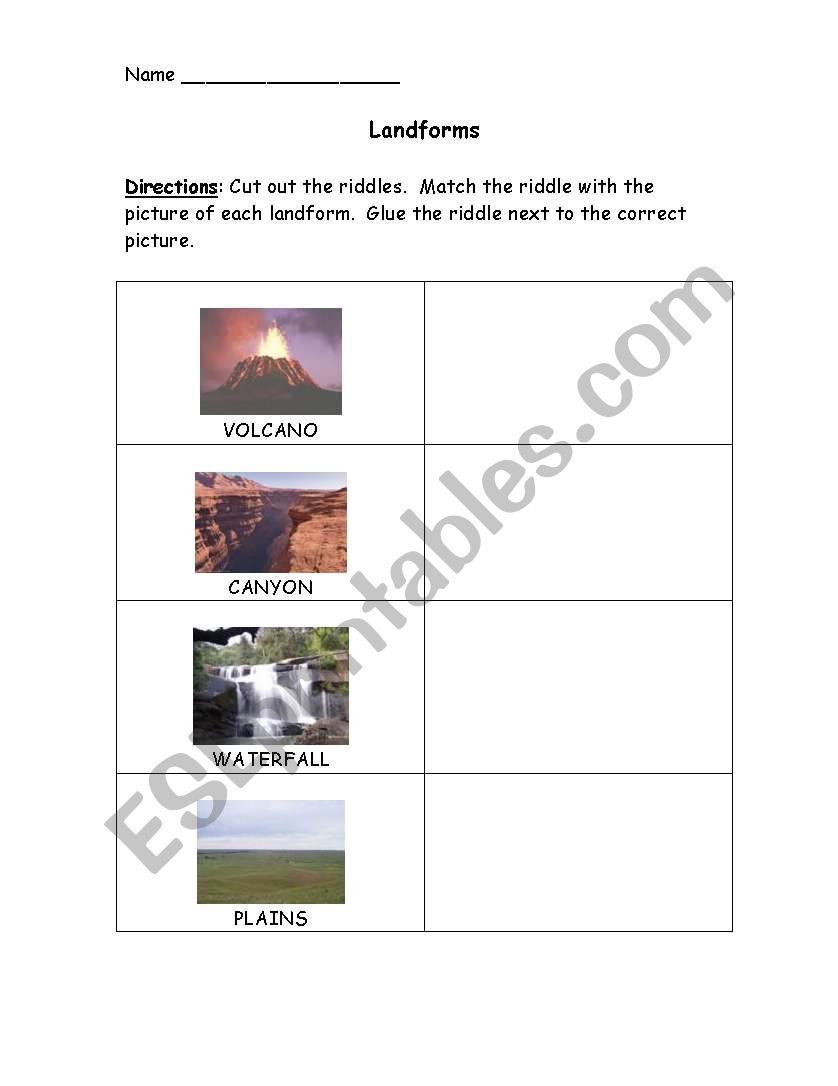 Landforms Matching Activity worksheet