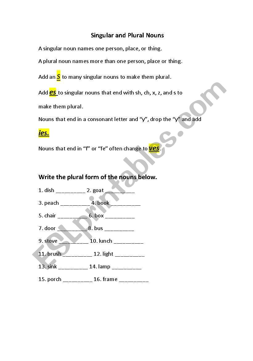 Singular and plural nouns worksheet