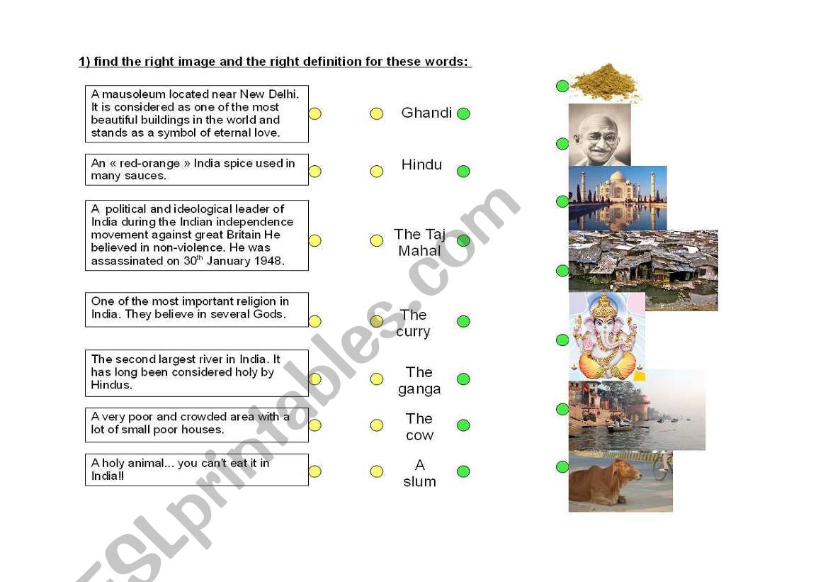 Indian Cultural facts - Matching Exercise. 