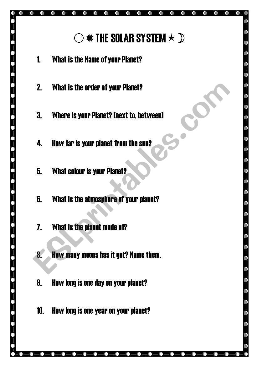 The solar system project worksheet