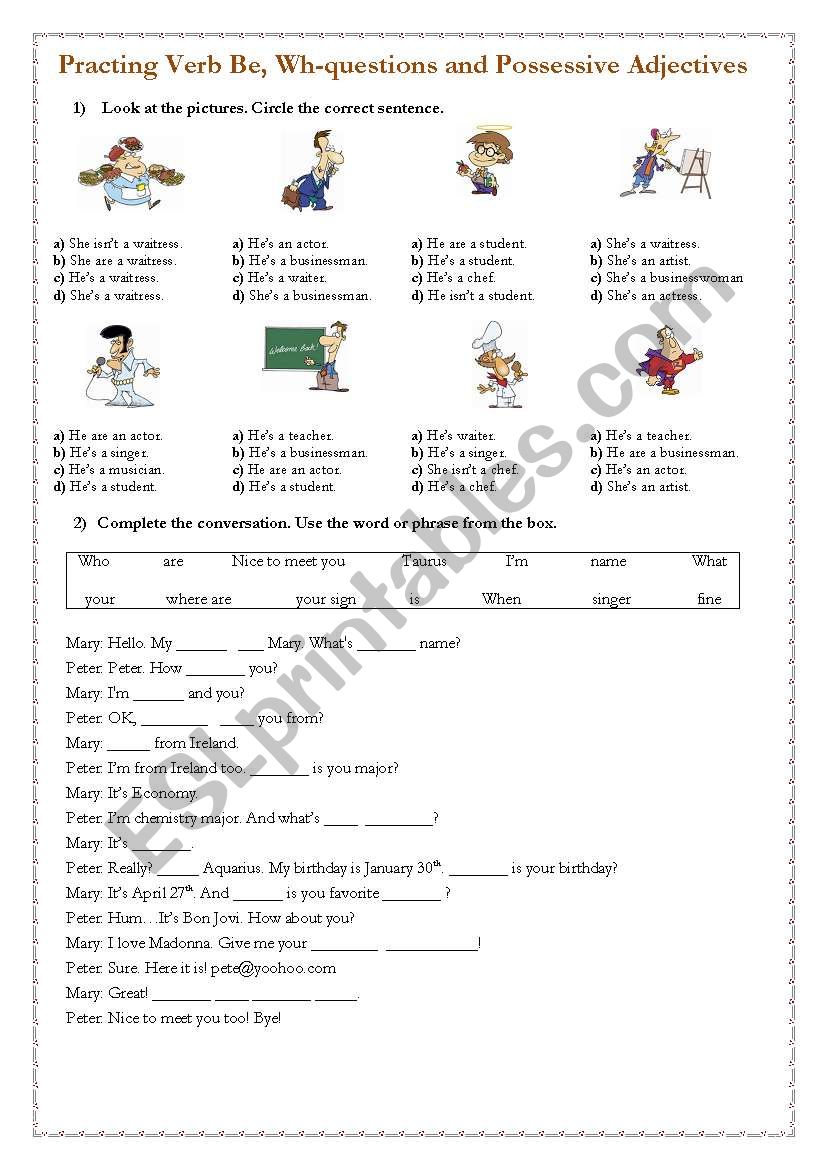 Practing Verb To Be, Wh-questions and Possessive Adjectives - Page1