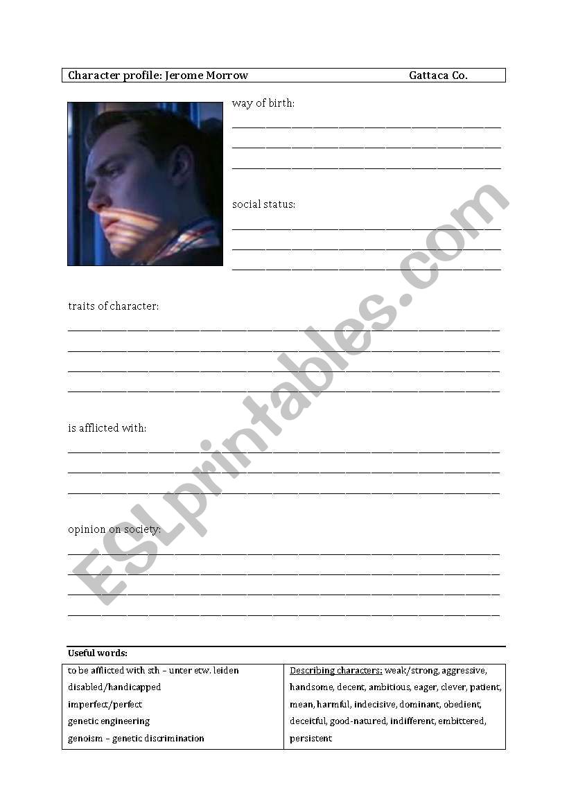 Character profils GATTACA worksheet