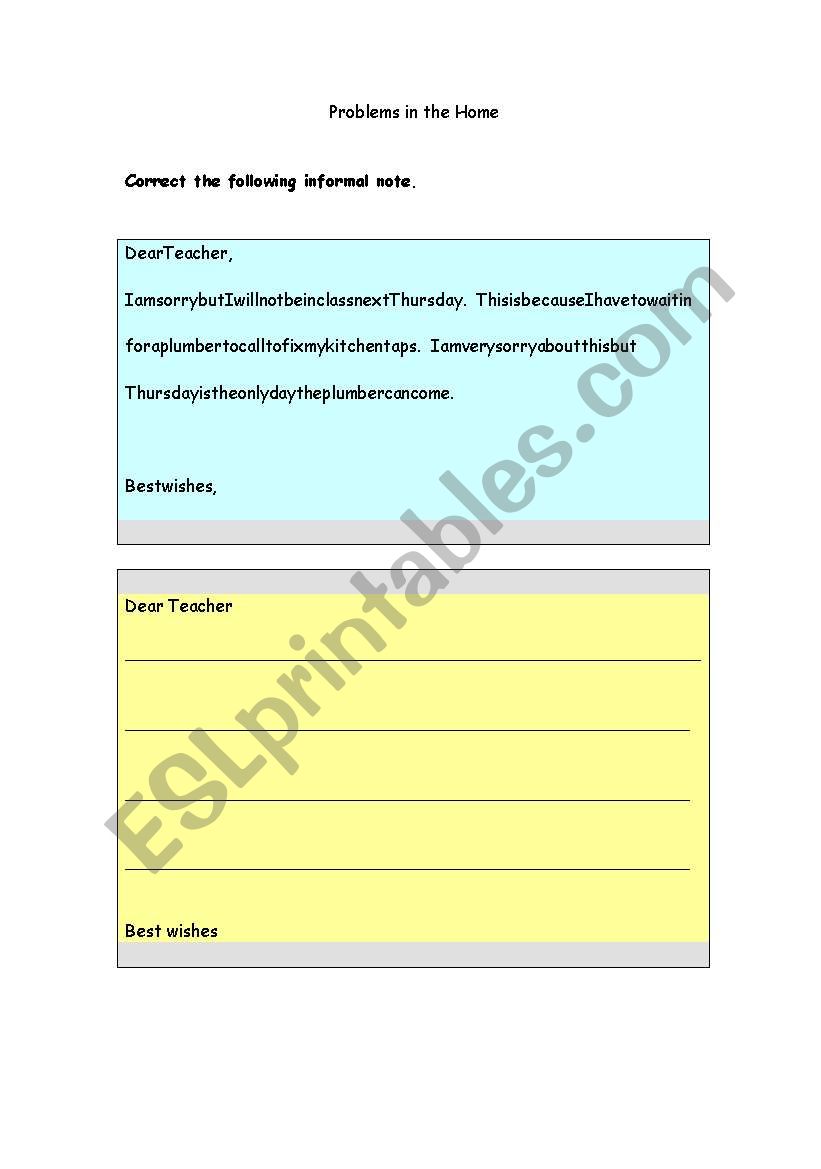 Problems in the home worksheet