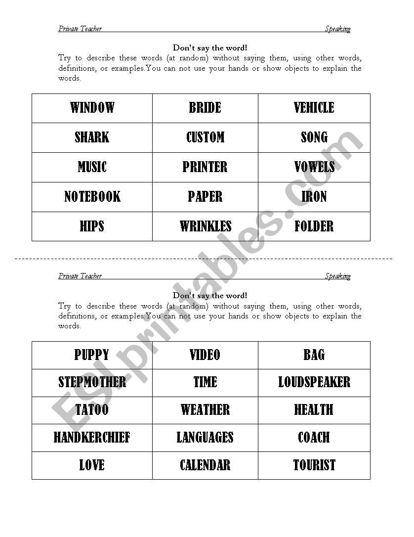 Dont say the word! worksheet
