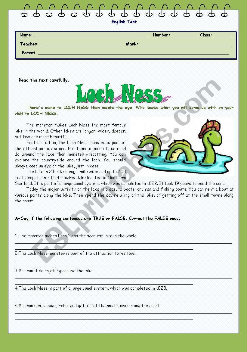 Test - Loch Ness worksheet