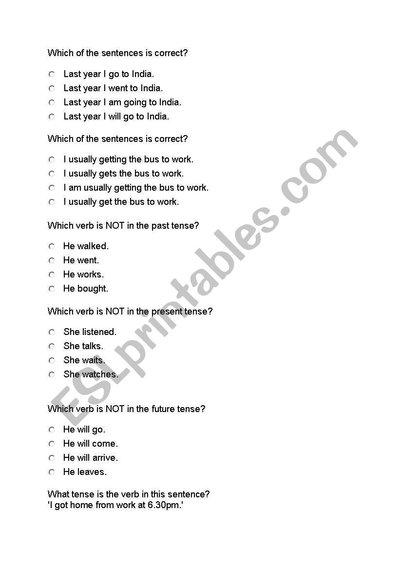 Elementary Tense quiz worksheet