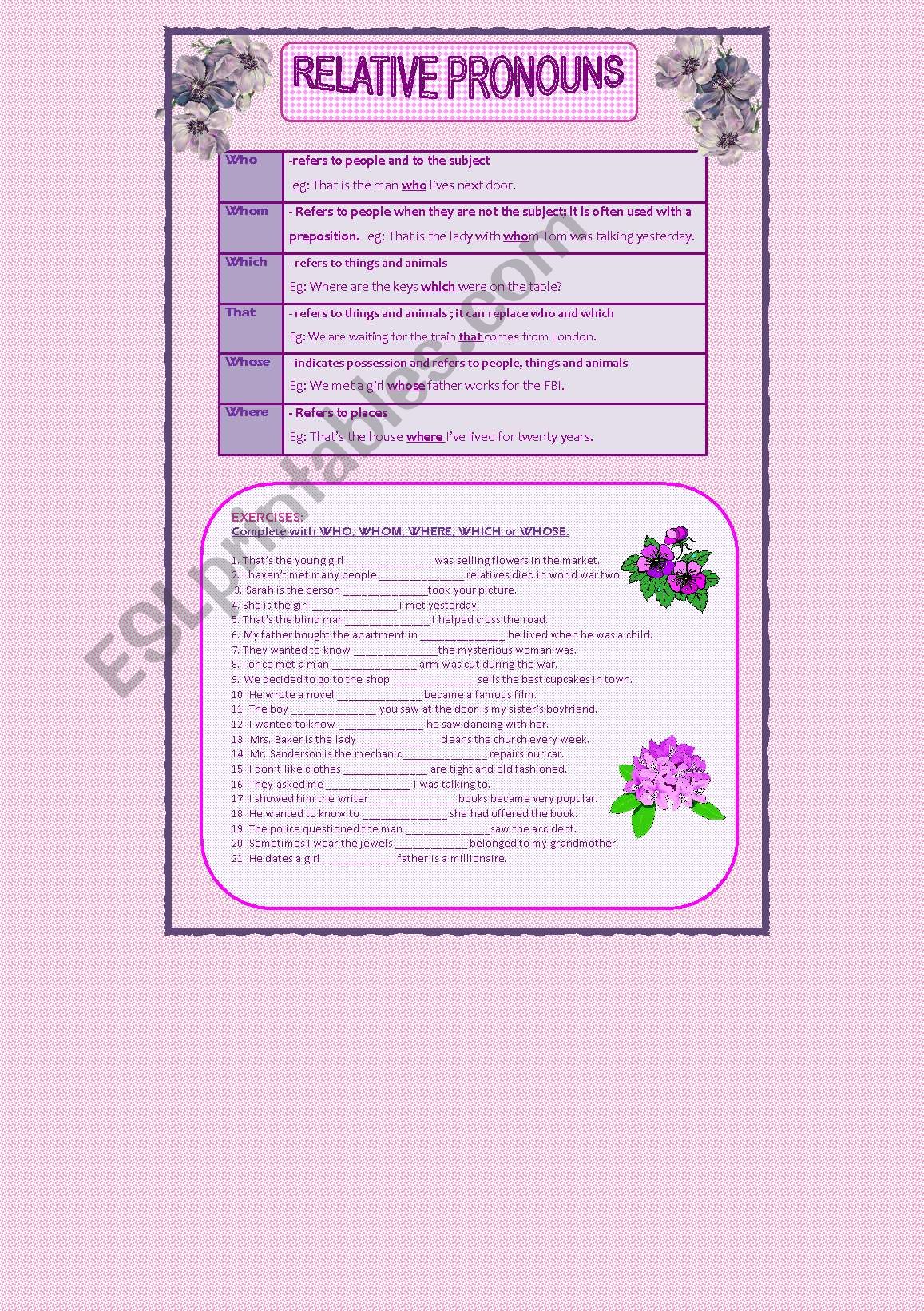 Relative Pronouns worksheet