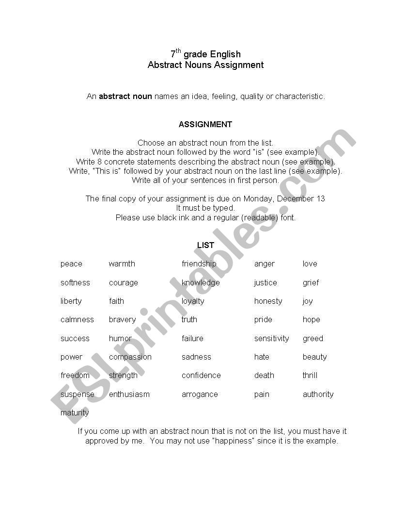 Abstract Nouns worksheet