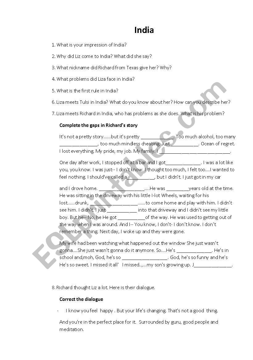 Eat Pray Love Part 3 India worksheet