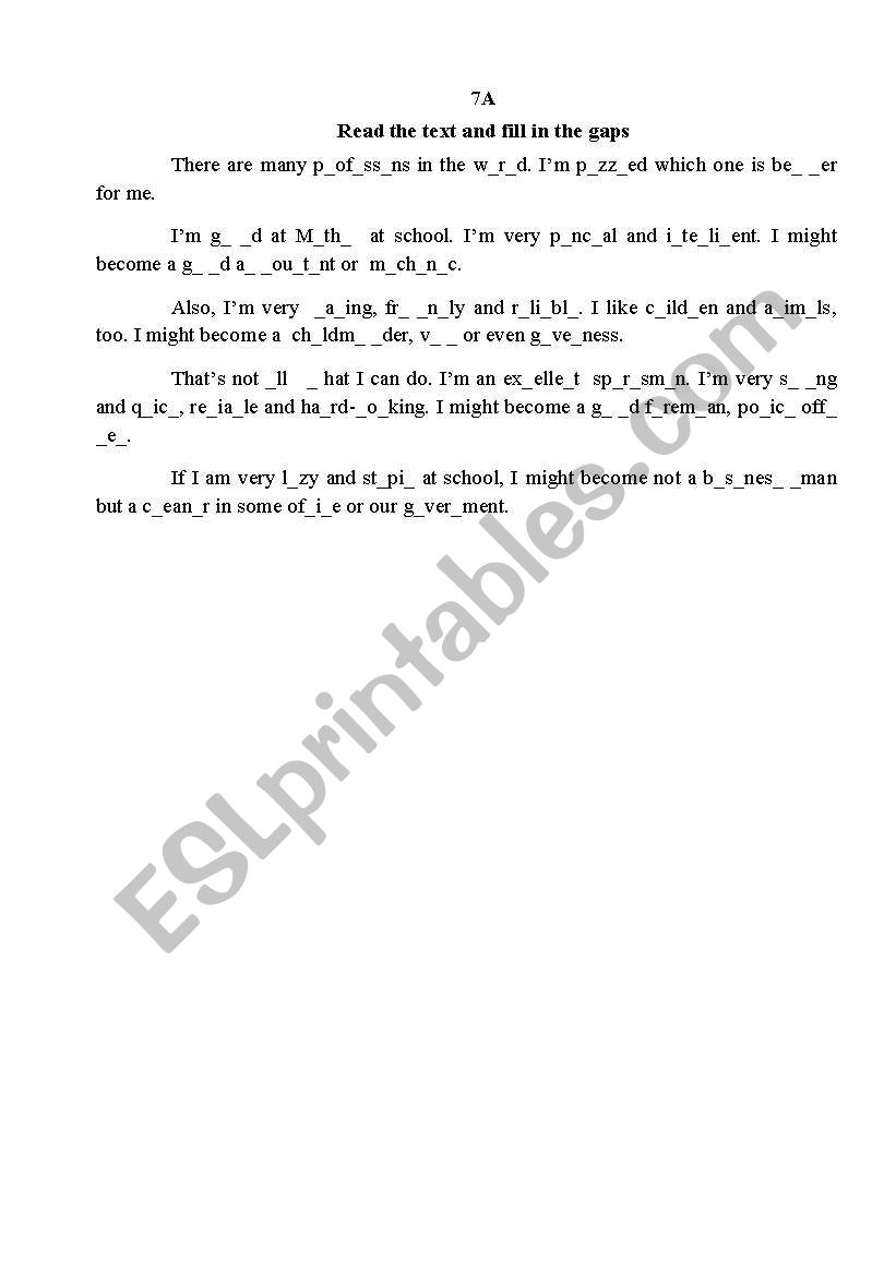 Comprehension task with filling in the gaps