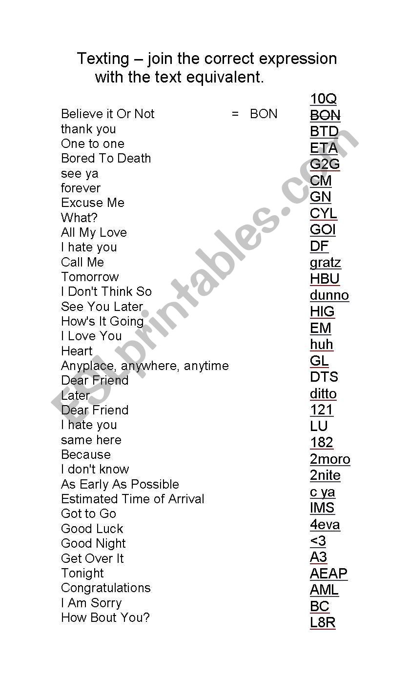 Texting worksheet