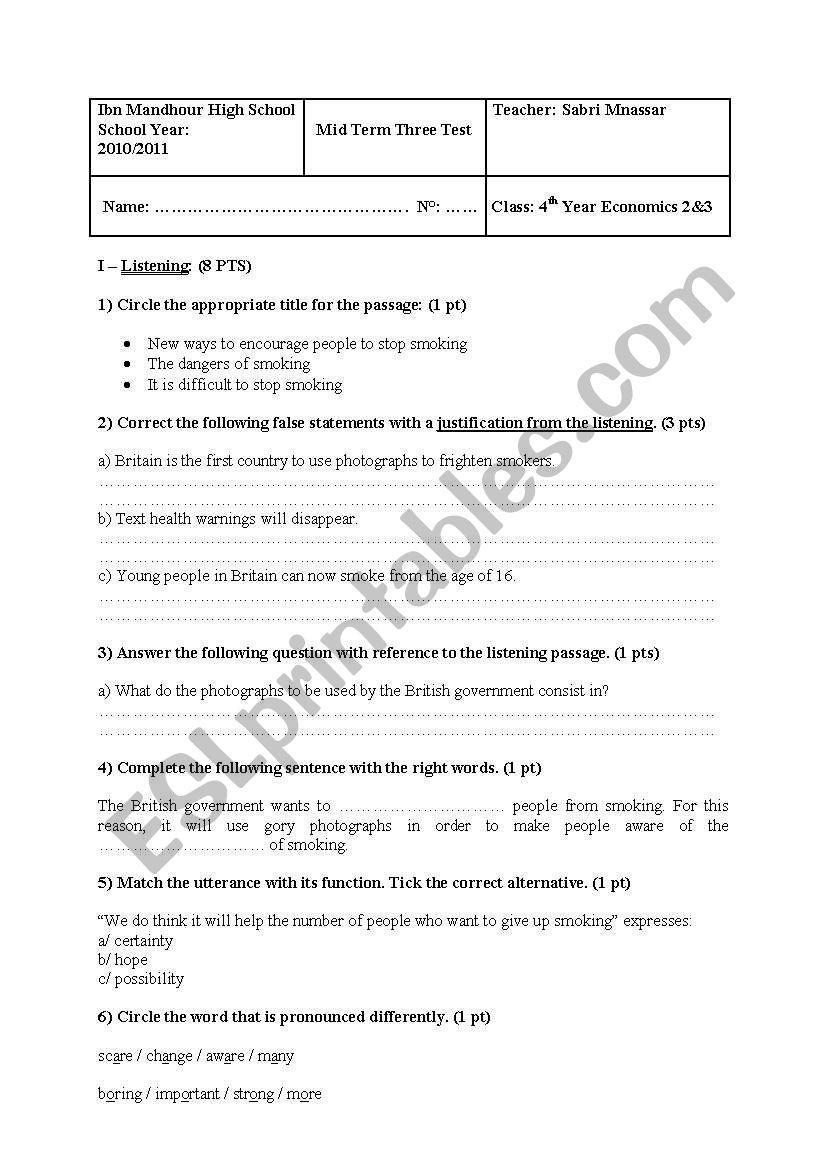 another mid term three test for bac students (with tape script)