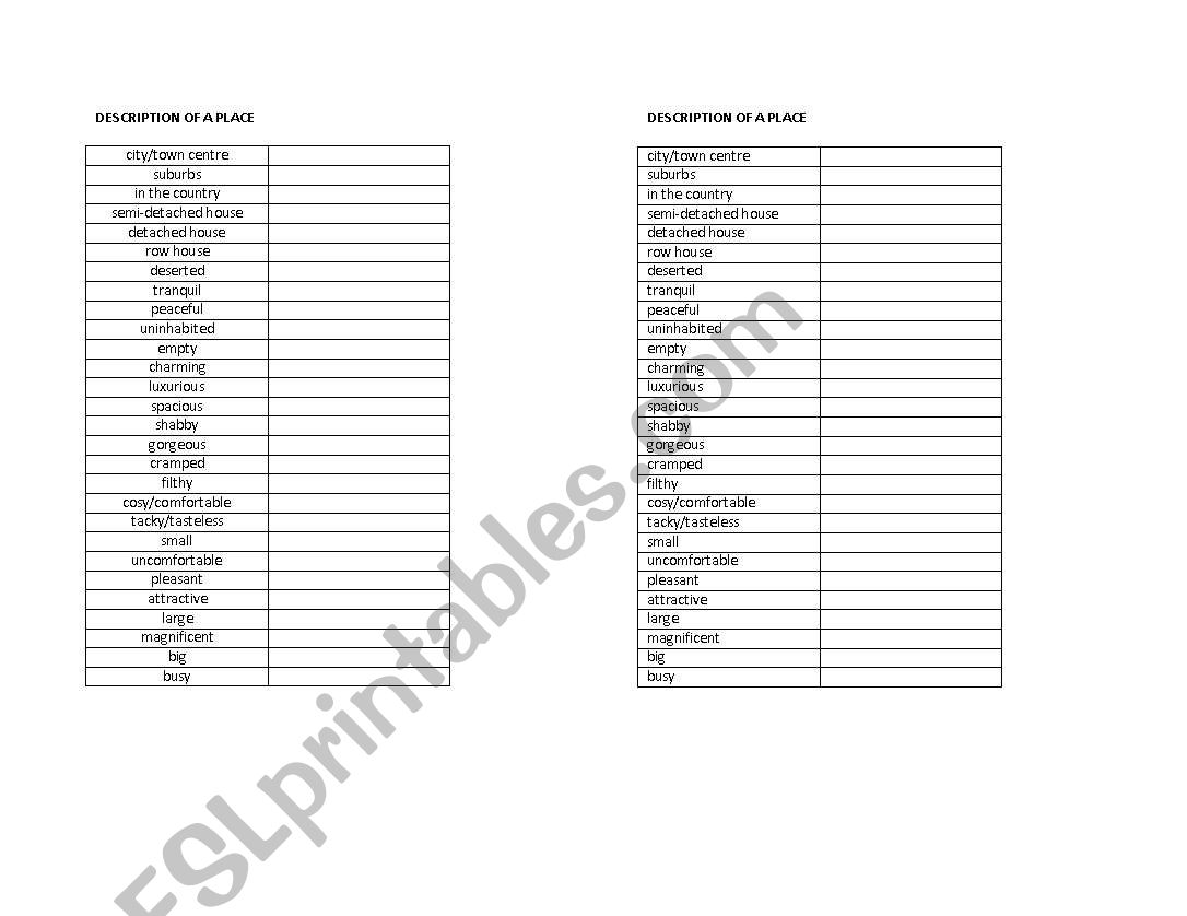 Description of a place worksheet