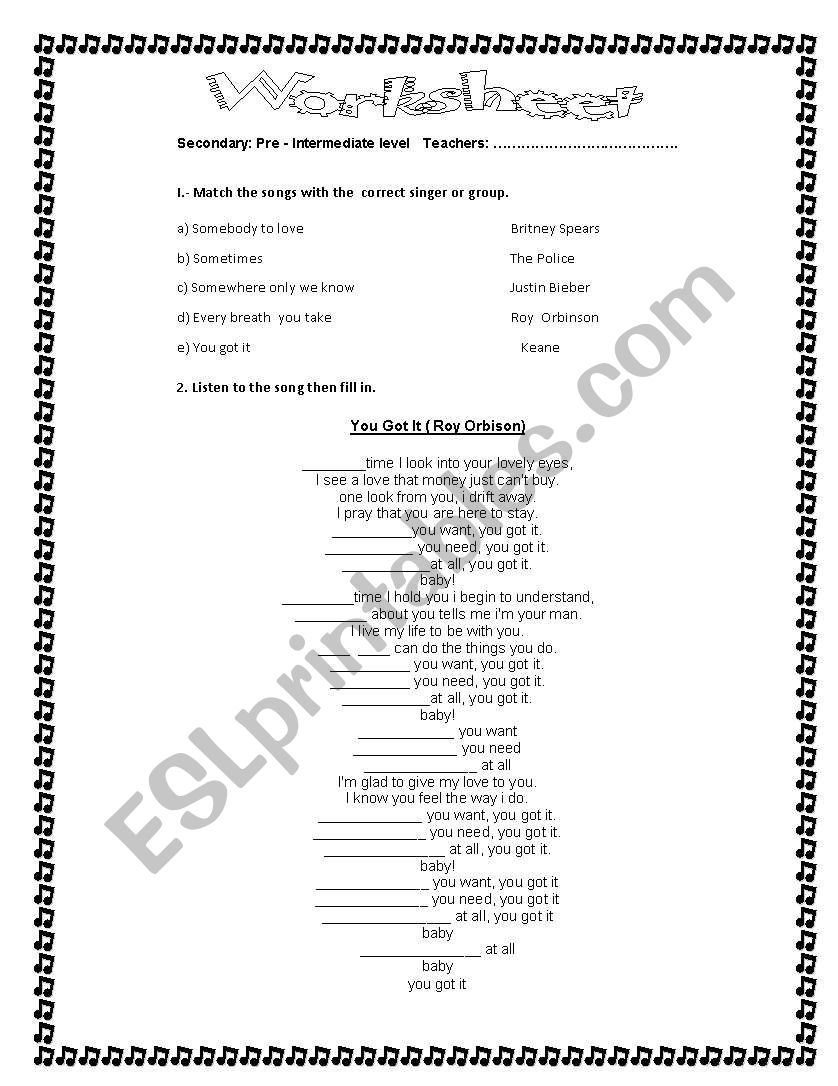 song with grammar worksheet