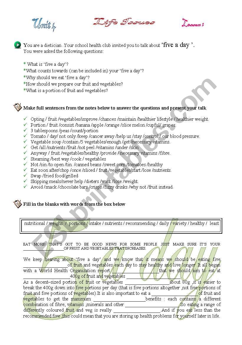 health  issue :  5 a day  worksheet