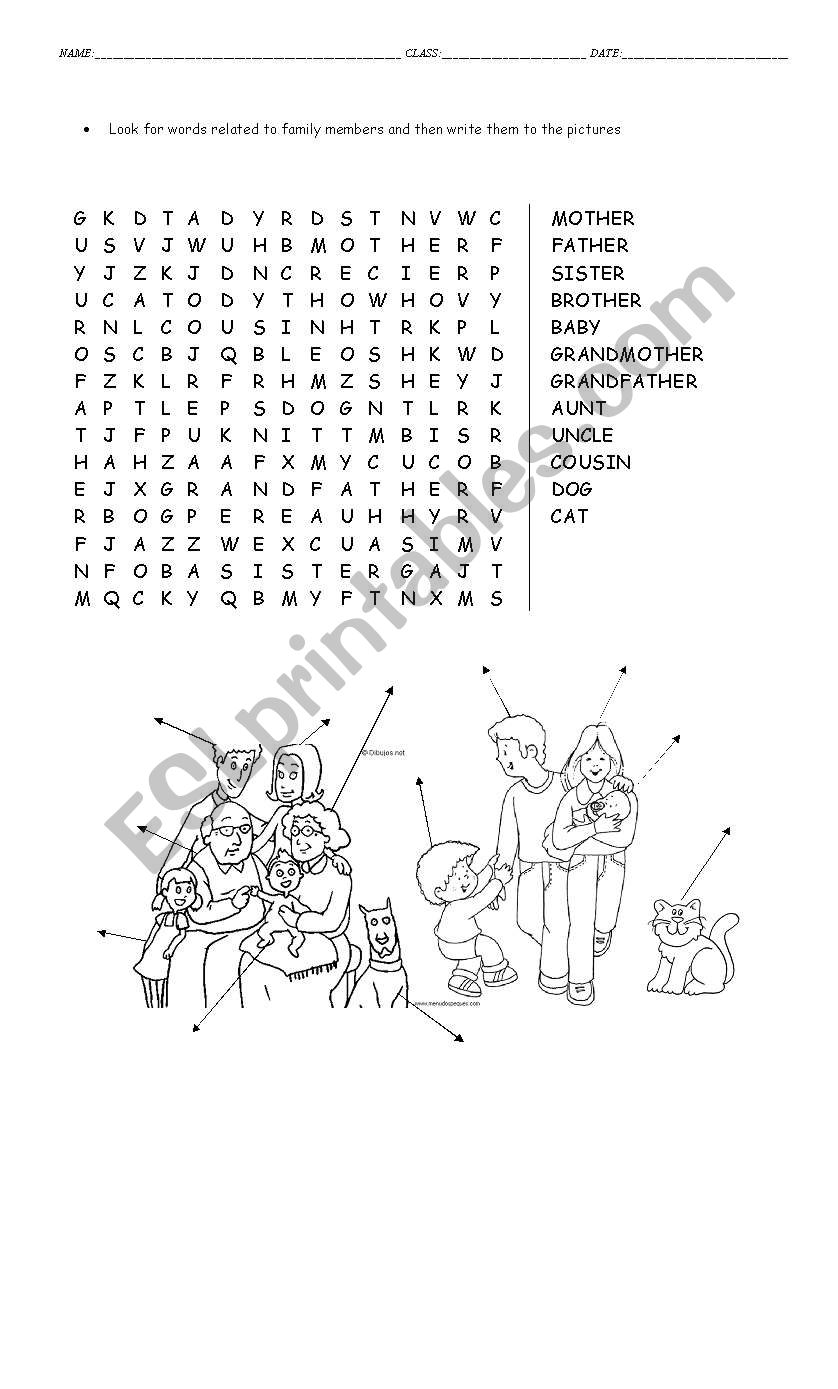family wordsearch and labelling