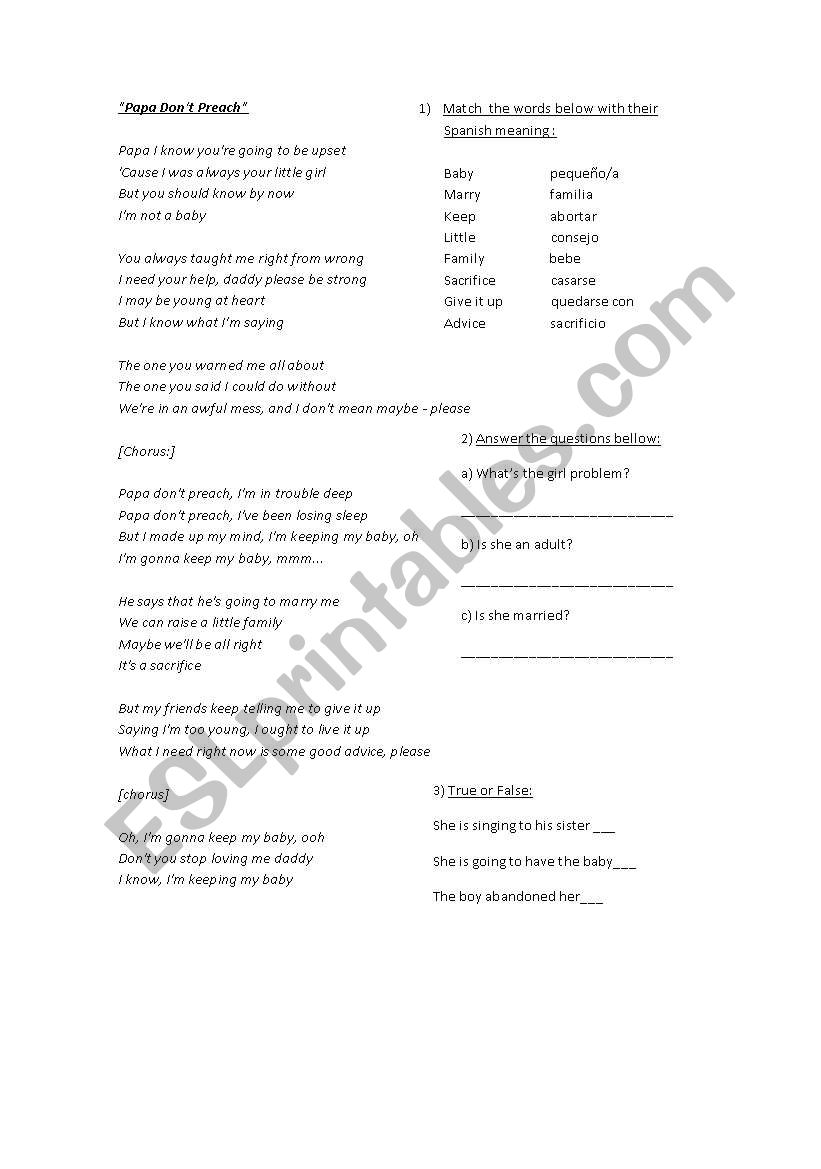 Papa dont preach worksheet