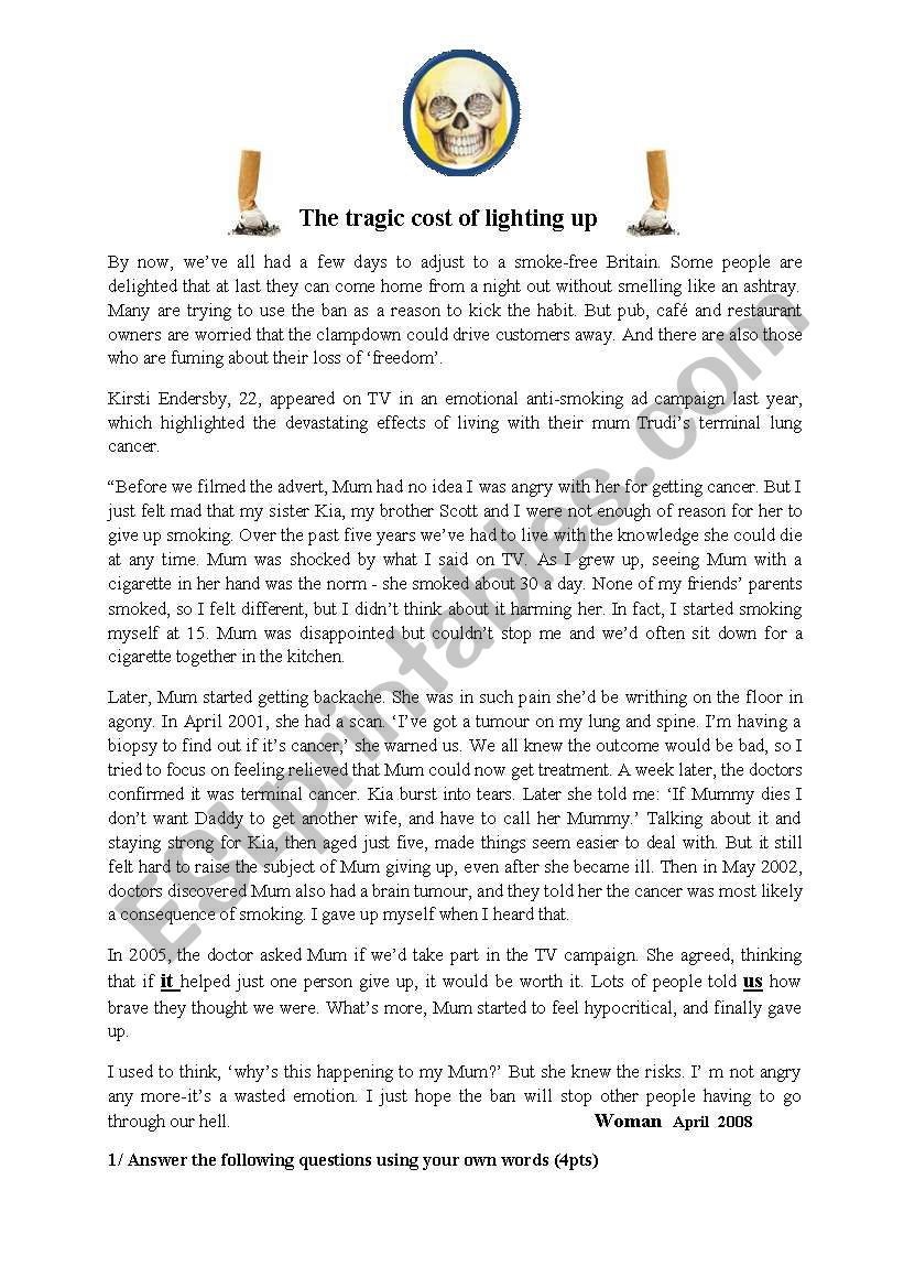 reading comprehension about smoking :heart - breaking real life  story+ poem  about  smoking  