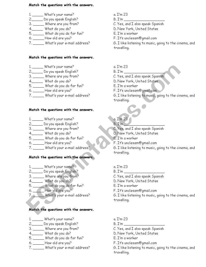 matching exercise - Personal questions and answers