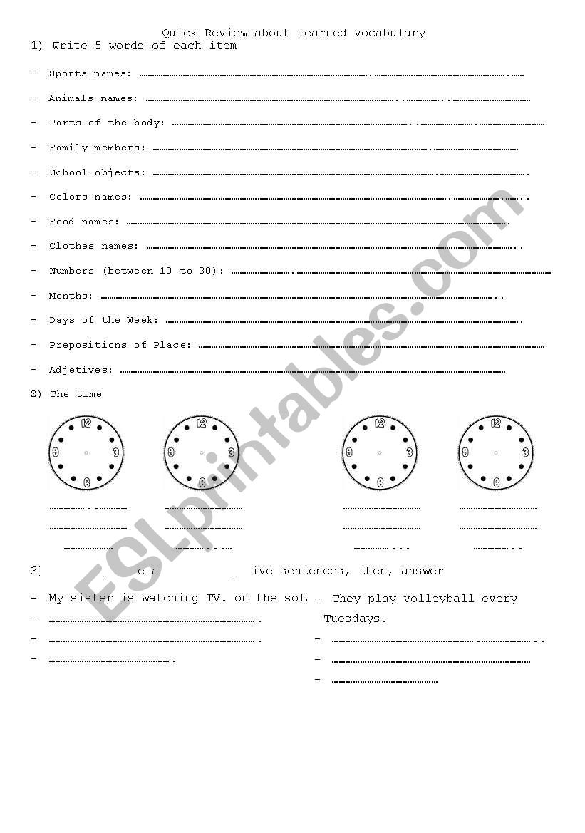 Quick Review worksheet