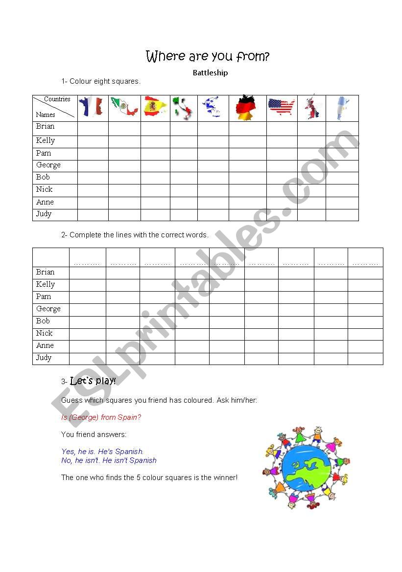 Nationalities Battleship worksheet