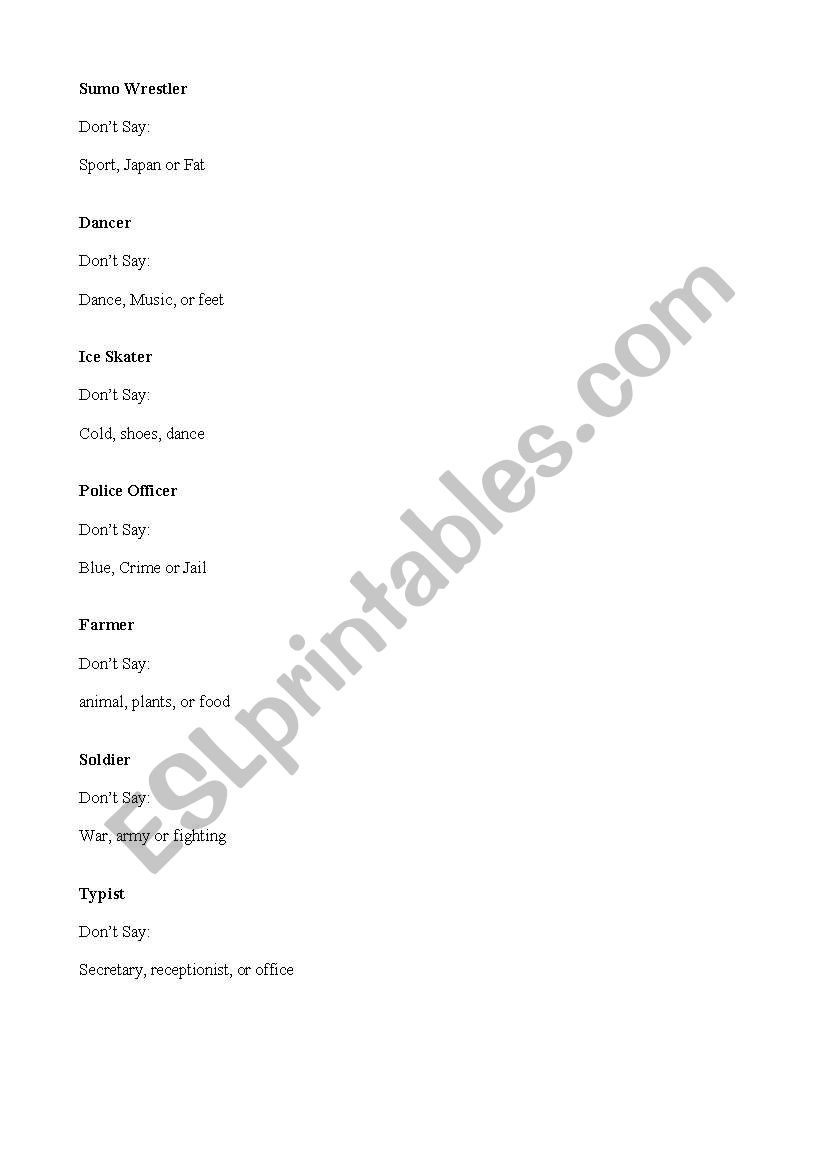 dont say the job worksheet