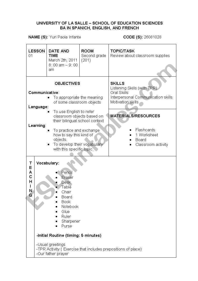 lesson plan class supplies worksheet